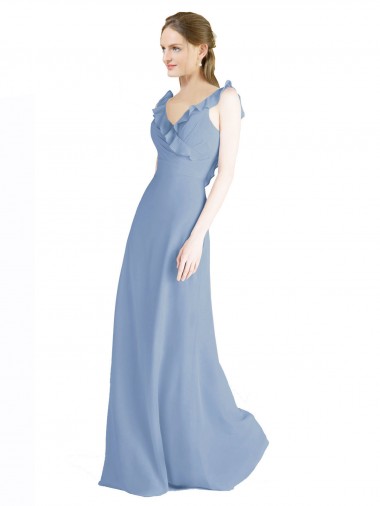 Staubiges Blau A-Linien V-Ausschnitt Chiffon Lange Brautjungfernkleider Verkauf