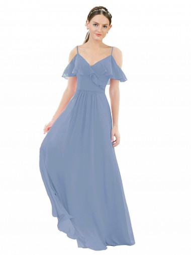 Staubiges Blau A-Linien V-Ausschnitt Chiffon Lange Brautjungfernkleider Verkauf