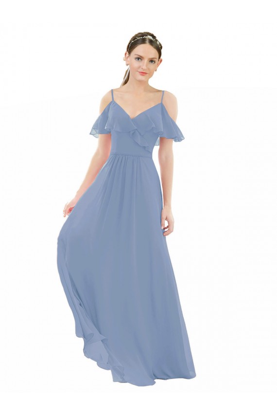 Staubiges Blau A-Linien V-Ausschnitt Chiffon Lange Brautjungfernkleider Kaufen
