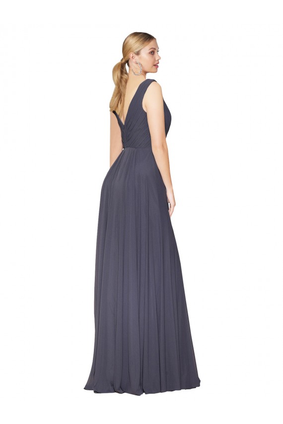 Staubiges Blau A-Linien V-Ausschnitt Chiffon Lange Formale Brautjungfernkleider / Abendkleider / Abiballkleider Kaufen