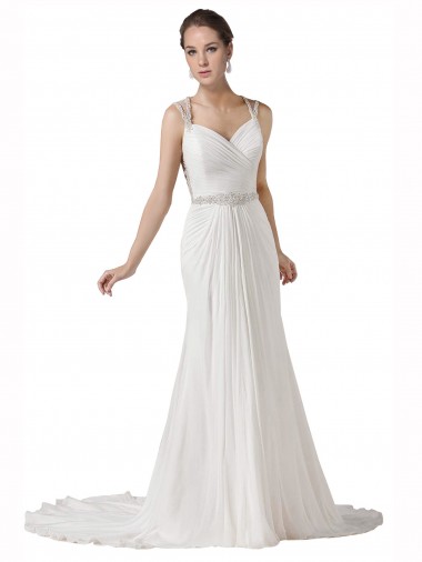 Weiß Etui Kapelle-schleppe Chiffon Strand Brautkleider Verkauf